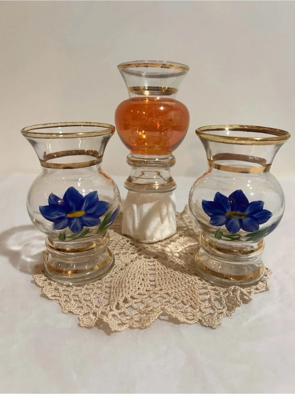 Set 3 Vtg 1960s Bartlett Collins Hand Painted Small Bud Vases with Gold Trim 4”